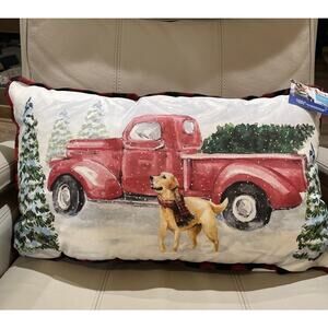 YELLOW LABRADOR & RED TRUCK Retriever Dog 14x24 Pillow Christmas Cottage Core